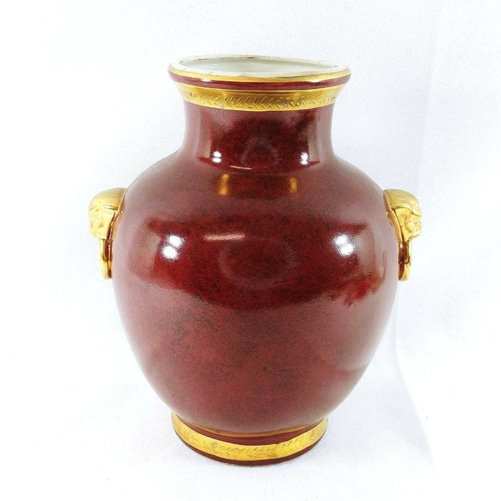Vase Table Lamp Base Ceramic Burgundy Gold Accent Trim Vintage Home Decor 12" H
